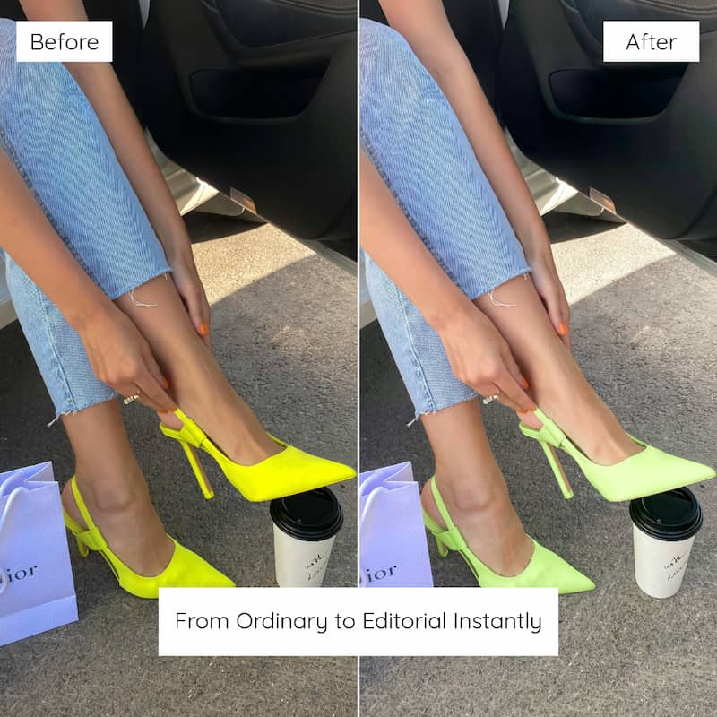 Before and after comparison of a person wearing bright yellow shoes with a car and coffee cup in the background Edited with Lemon Lightroom Preset