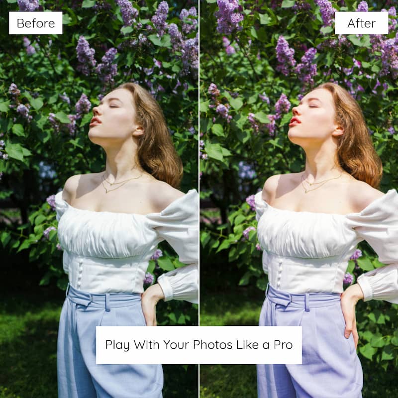 Before and after comparison of a woman in a white top and light blue pants against a backdrop of purple flowers Edited with Lilac Feed Lightroom Preset