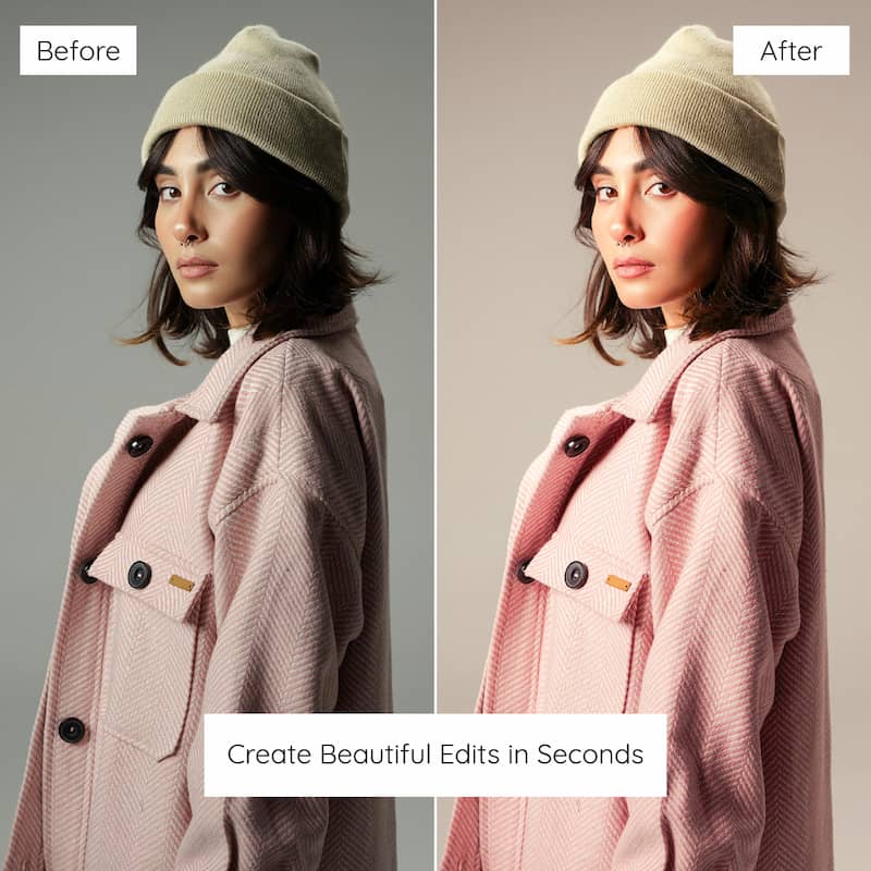 Before and after comparison of a woman wearing a beige beanie and pink coat against a neutral background Edited with Lilac Feed Lightroom Preset