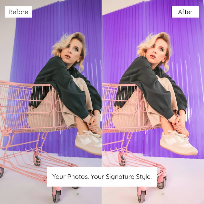 Before and after comparison of a woman sitting in a pink shopping cart against a purple curtain Edited with Lilac Feed Lightroom Preset