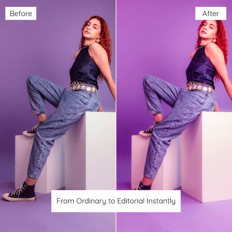 Before and after comparison of a woman posing on a purple background Edited with Lilac Feed Lightroom Preset