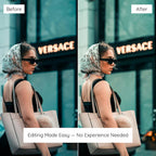 Side-by-side comparison of a woman with a Versace sign in the background, Edited With Luxury Life Lightroom Preset