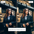 Before and after comparison of a woman holding a coffee cup in front of a store Edited With Luxury Life Lightroom Presets