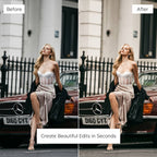 Before and after comparison of a woman sitting on a vintage car Edited With Luxury Life Lightroom Presets