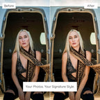 Before and after comparison of a woman sitting inside an open Private Jet door with a patterned scarf, Enhanced With Luxury Life Lightroom Preset