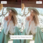 Before and after comparison of a woman wearing a hat and off-shoulder top Edited With Matcha Lightroom Presets