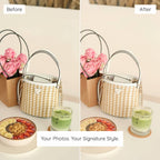 Before and after comparison of a handbag with floral arrangement and food items on a table, Enhanced With Matcha Lightroom Preset