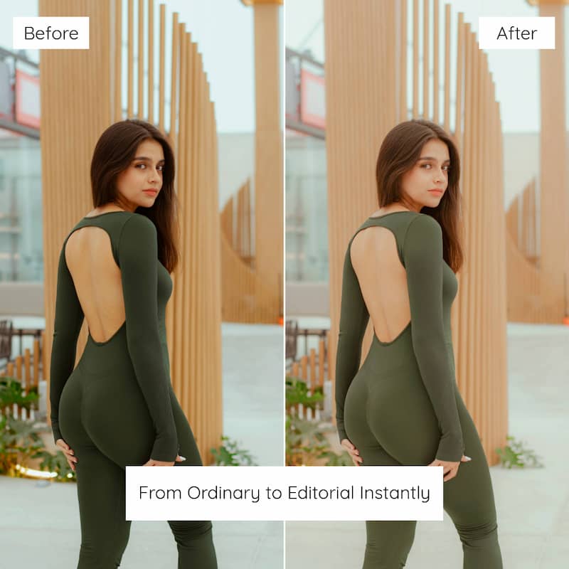 Before and after comparison of a woman in a green outfit with a wooden structure in the background, Enhanced With Matcha Lightroom Presets