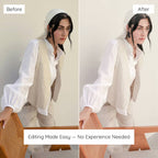 Before and after comparison of a person wearing a white outfit with a plain background edited with Matte Lightroom Preset