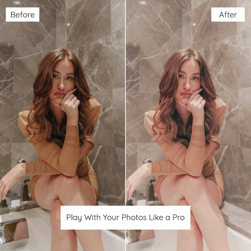 Before and after comparison of a woman sitting on a bathroom counter with marble walls edited with Matte Lightroom Preset