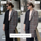 Before and after comparison of a woman wearing a plaid blazer on a street edited with Matte Lightroom Preset