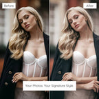 Before and after comparison of a woman wearing a white corset and black jacket edited with Matte Lightroom Preset