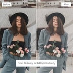 Before and after comparison of a woman holding flowers edited with Matte Lightroom Preset