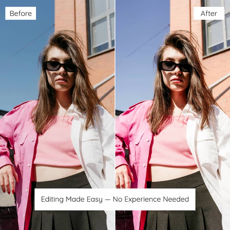 Before and after comparison of a woman wearing sunglasses edited with Miami lightroom preset