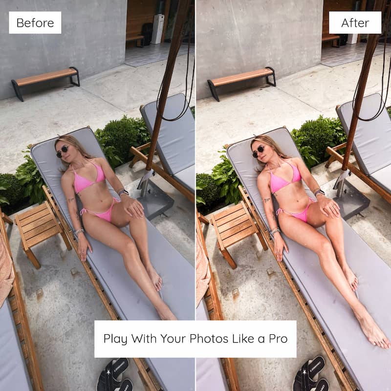Before and after comparison of a woman in a pink bikini lying on a lounge chair edited with Miami lightroom preset