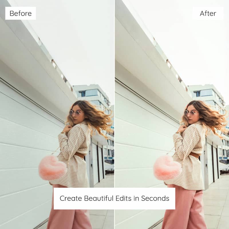 Before and after comparison of a woman with pink balloons in an urban setting edited with Miami lightroom preset