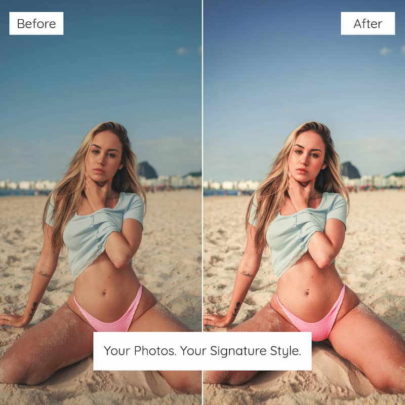 Before and after comparison of a woman on a beach edited with Miami lightroom preset