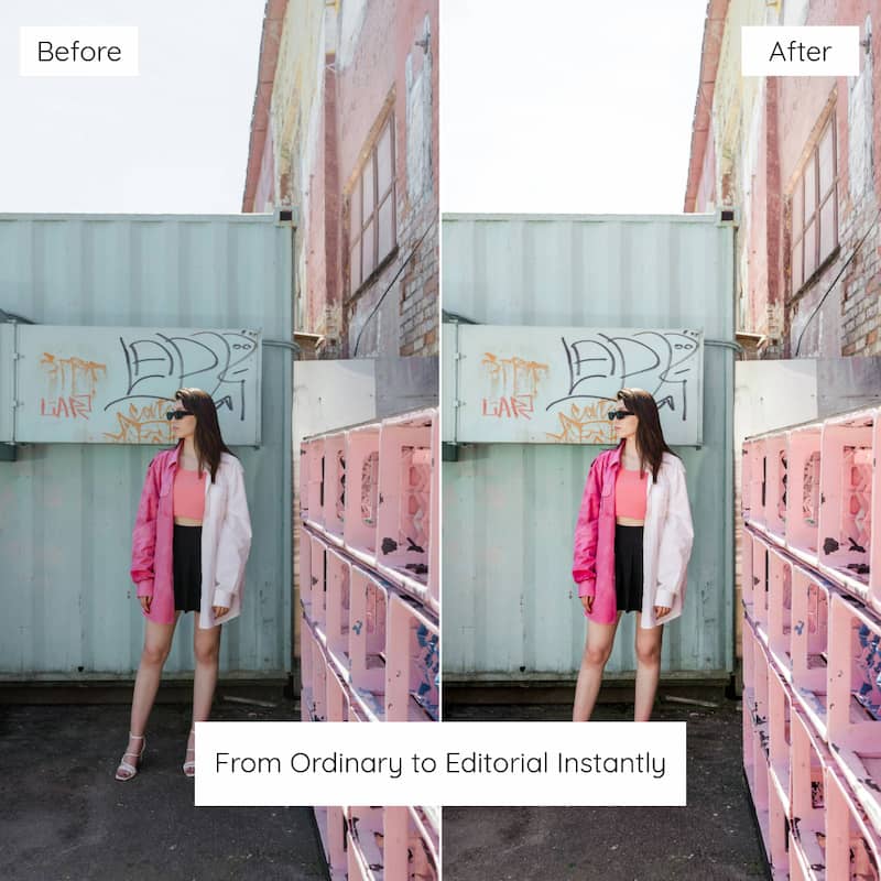 Before and after comparison of a person in a pink jacket and black skirt standing in an urban setting edited with Miami lightroom preset