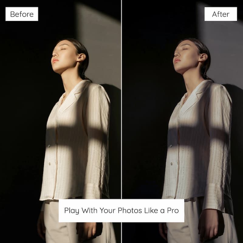 Before and after comparison of a person wearing a light-colored outfit with a dark background edited with Midnight Reverie Lightroom Presets.