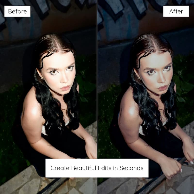 Before and after comparison of a woman sitting outdoors edited with Midnight Reverie Lightroom Presets.