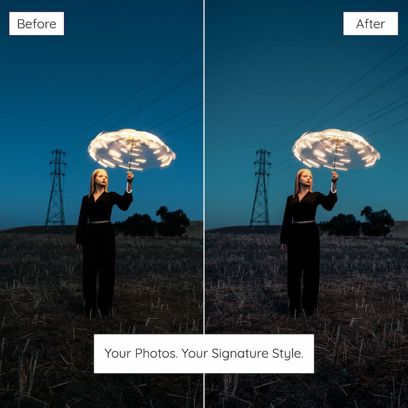 Before and after comparison of a person holding a lighted umbrella in a field with power lines edited with Midnight Reverie Lightroom Preset.