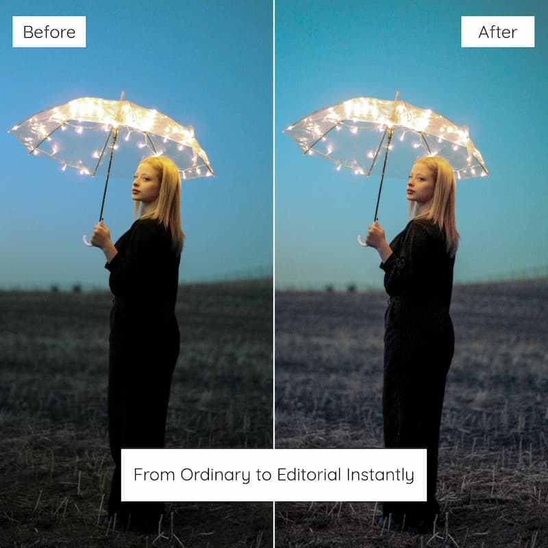 Before and after comparison of a woman with a lit-up umbrella in a field edited with Midnight Reverie Lightroom Presets.