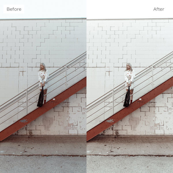 Before and after using Lightroom Presets for creating a moody, cinematic look.