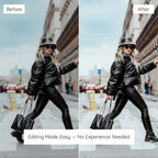 Before and after comparison of a person in a black outfit Edited with Minimal Lightroom Preset