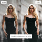Before and after comparison of a woman in a black dress with enhanced lighting with Minimal Lightroom Presets