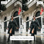 Before and after comparison of a woman in a black leather coat and boots in front of a building Enhanced with Minimal Lightroom Preset