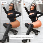 Before and after comparison of a person in a black outfit and knee-high boots sitting on stairs Enhanced with Minimal Lightroom Presets