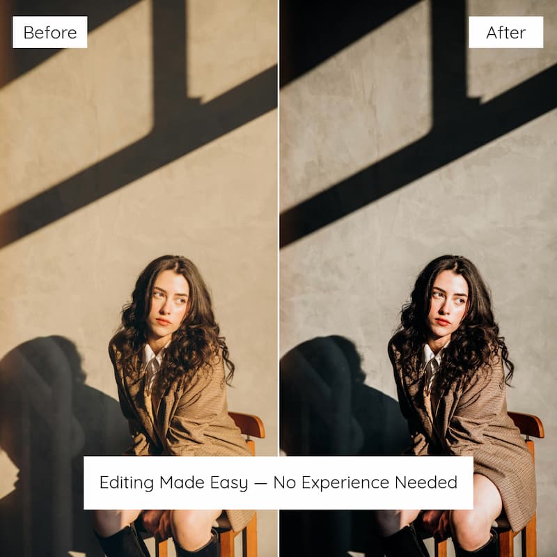 Before and after comparison of a woman sitting in a chair edited with moody presets.