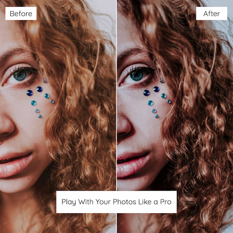 Before and after comparison of a woman's face with decorative face gems edited with moody presets.