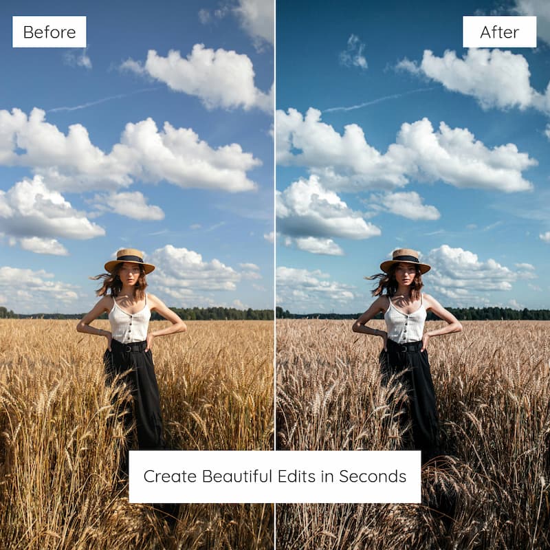 Before and after comparison of a woman in a field edited with moody Lightroom presets.