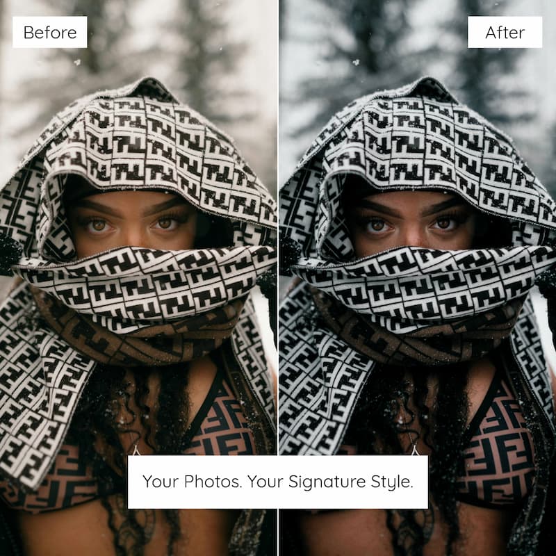 Before and after comparison of a person wearing a patterned scarf with blurred background edited with moody Lightroom preset.