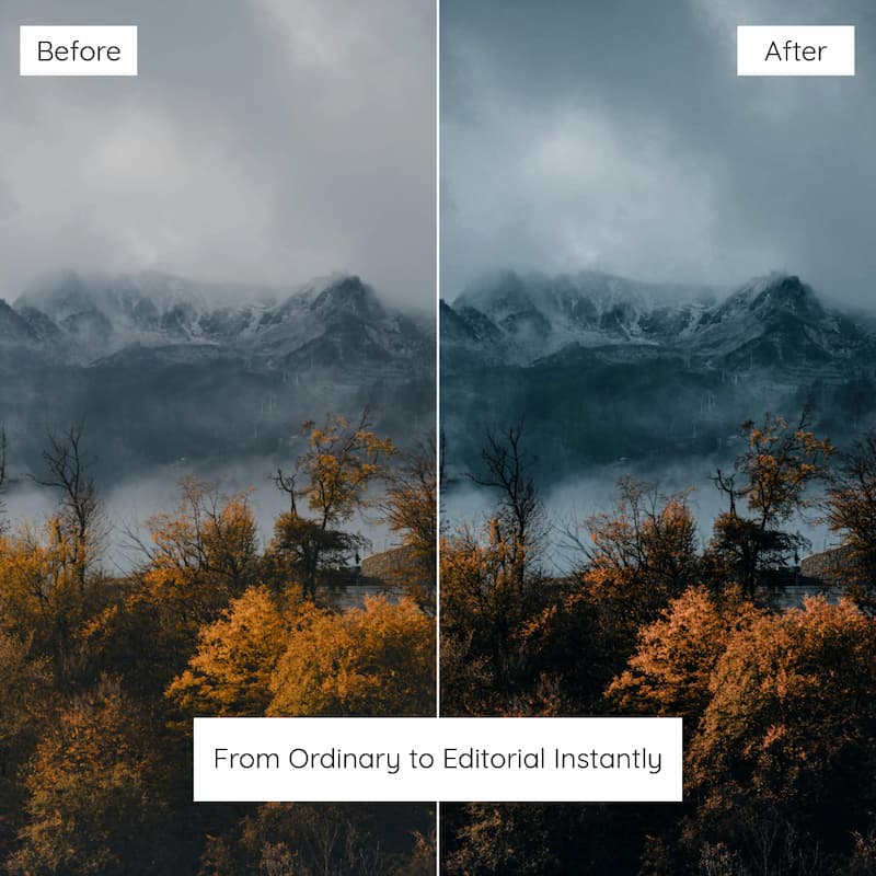 Before and after comparison of a mountain landscape edited with moody Lightroom preset.