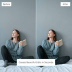 Before and after comparison of a woman sitting on a bed Edited With No Filter Lightroom Presets