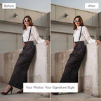 Before and after comparison of a woman posing against a wall, Enhanced With No Filter Lightroom Preset