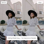 Before and after comparison of a woman posing with a vintage car, Edited With Old Money Lightroom Preset