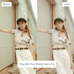 Before and after comparison of a person posing outdoors Edited With Old Money Lightroom Presets