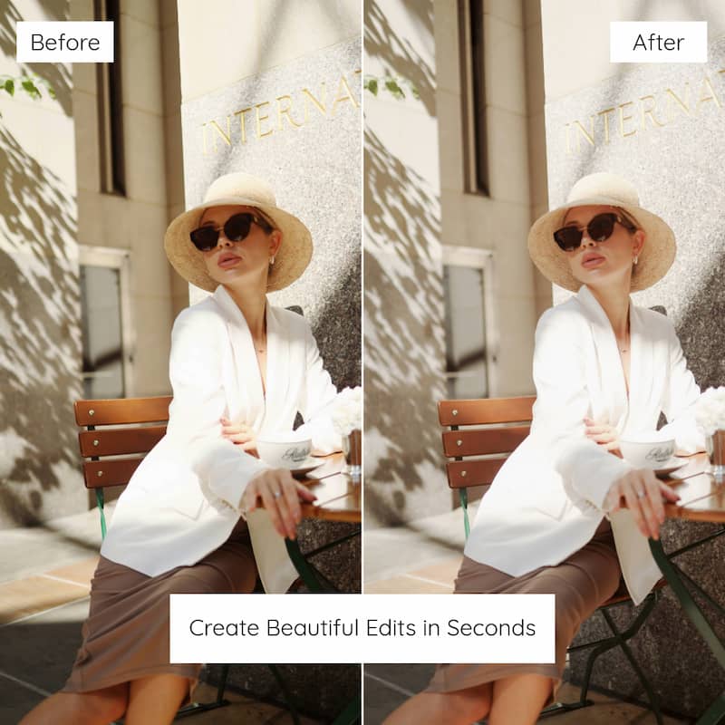 Before and after comparison of a woman sitting outdoors Edited With Old Money Lightroom Presets