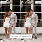 Before and after comparison of a couple kissing with pigeons in the background, Enhanced With Old Money Lightroom Preset