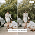 Before and after comparison of a woman and another person outdoors with a car in the background, Enhanced With Old Money Lightroom Presets