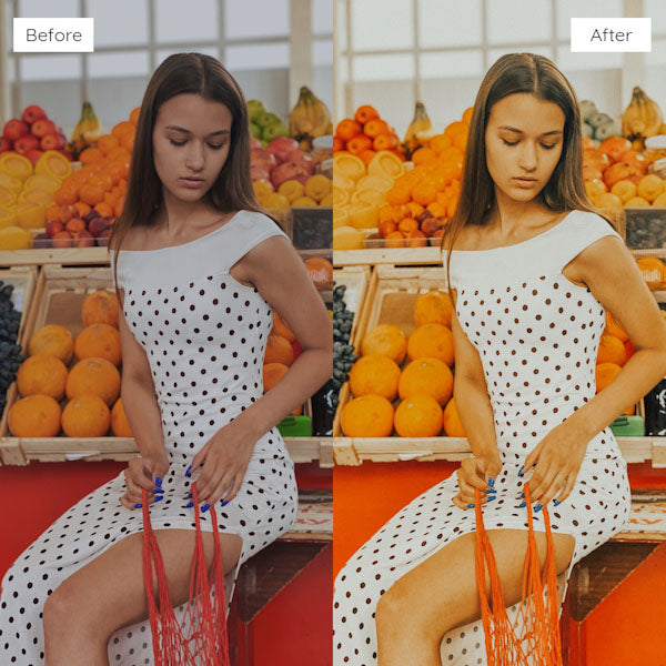 Before and after using Lightroom Presets to add warmth and richness to an image.