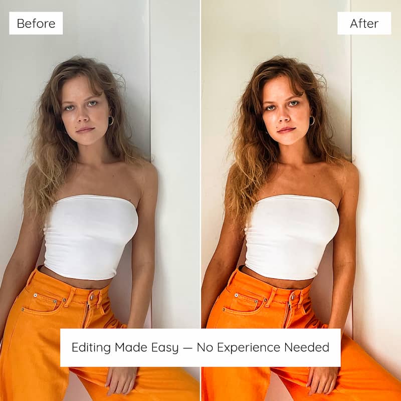 Before and after comparison of a woman wearing a white tube top and orange pants edited with orange lightroom preset