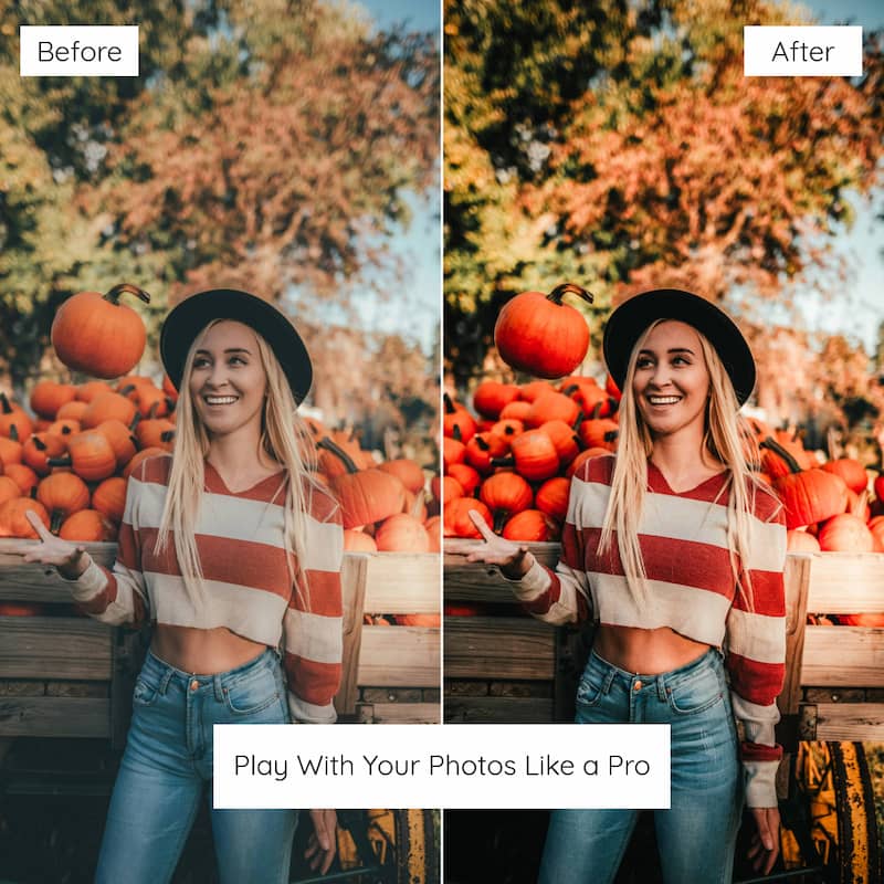 Before and after comparison of a woman at a pumpkin patch edited with orange lightroom preset