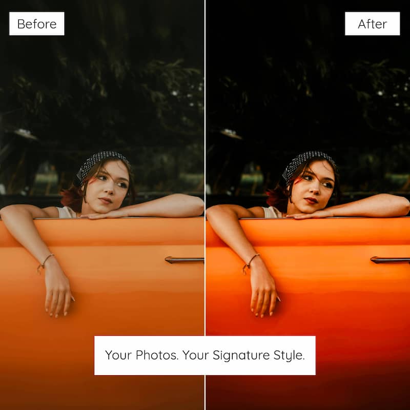 Before and after comparison of a woman leaning on an orange car enhanced with orange lightroom preset
