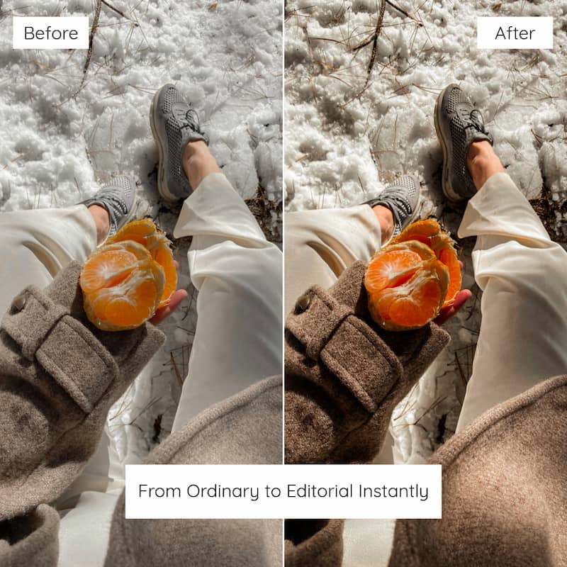 Before and after comparison of a person holding an orange in snowy conditions edited with orange lightroom presets