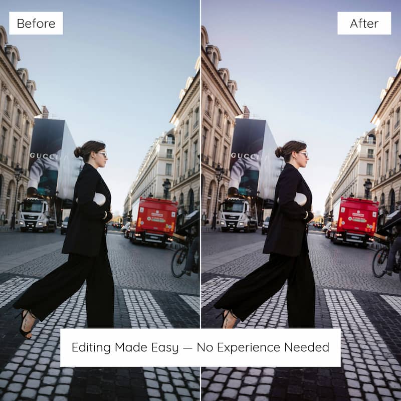 Before and after comparison of a person walking on a city street with Gucci advertisement Edited with Paris Lightroom Preset