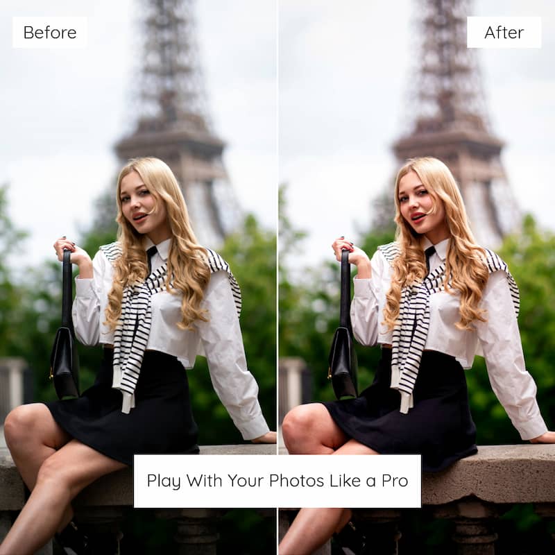 Before and after photo editing comparison with a woman sitting in front of the Eiffel Tower Enhanced with Paris Lightroom Preset